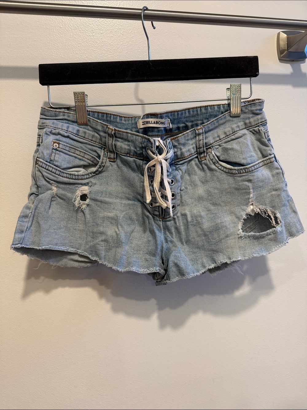 Billabong Light Wash Lace-Up Distressed Denim Shorts